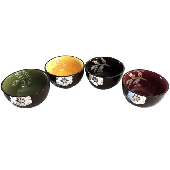 Longaberger Small Rice Bowls Set of 4 Brown Yellow Green Red Floral Design